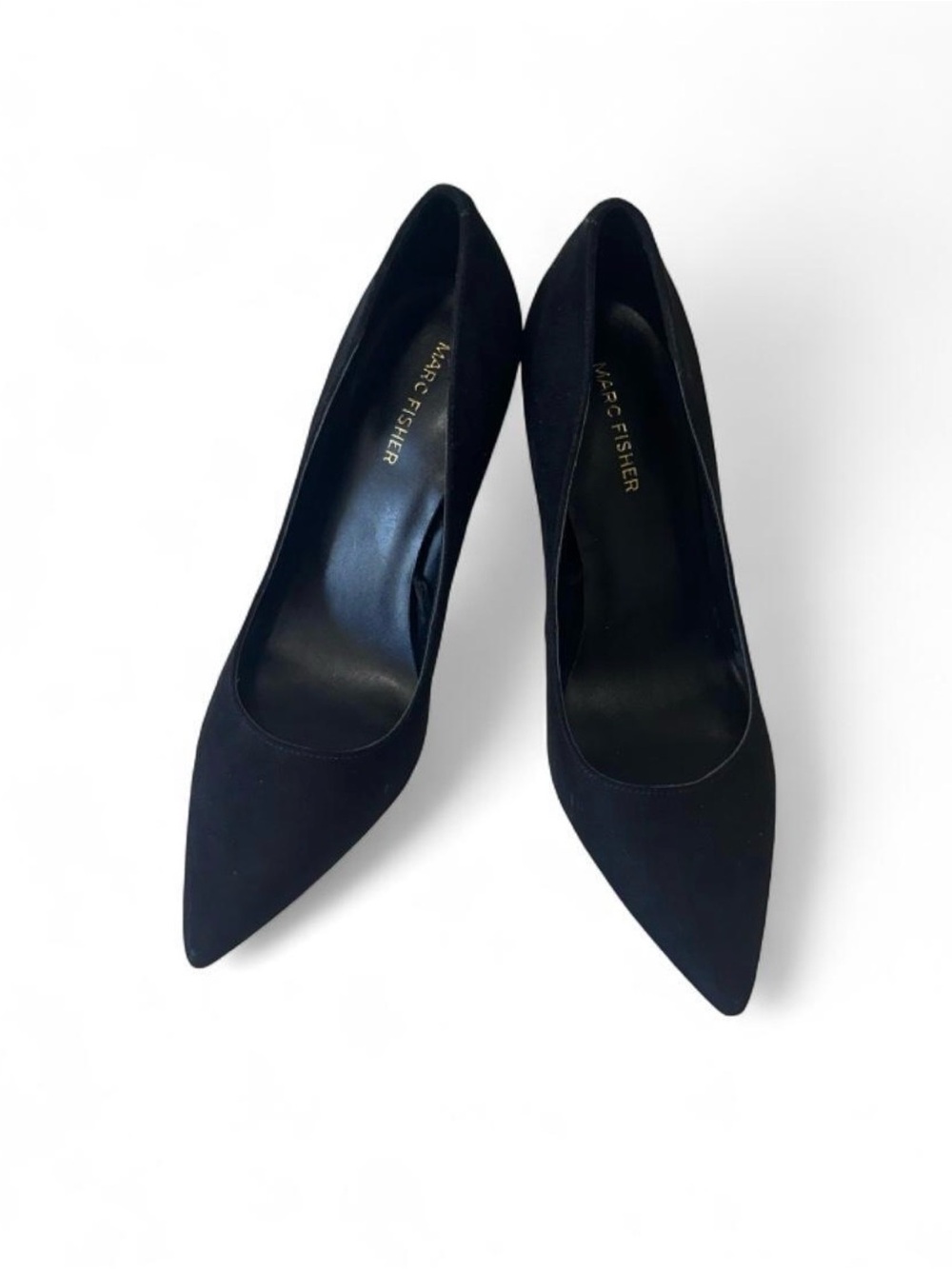 Marc Fisher Black Vegan Suede Pointed-Toe 4” Stiletto Pumps with Gold Accent - Picture 2 of 8